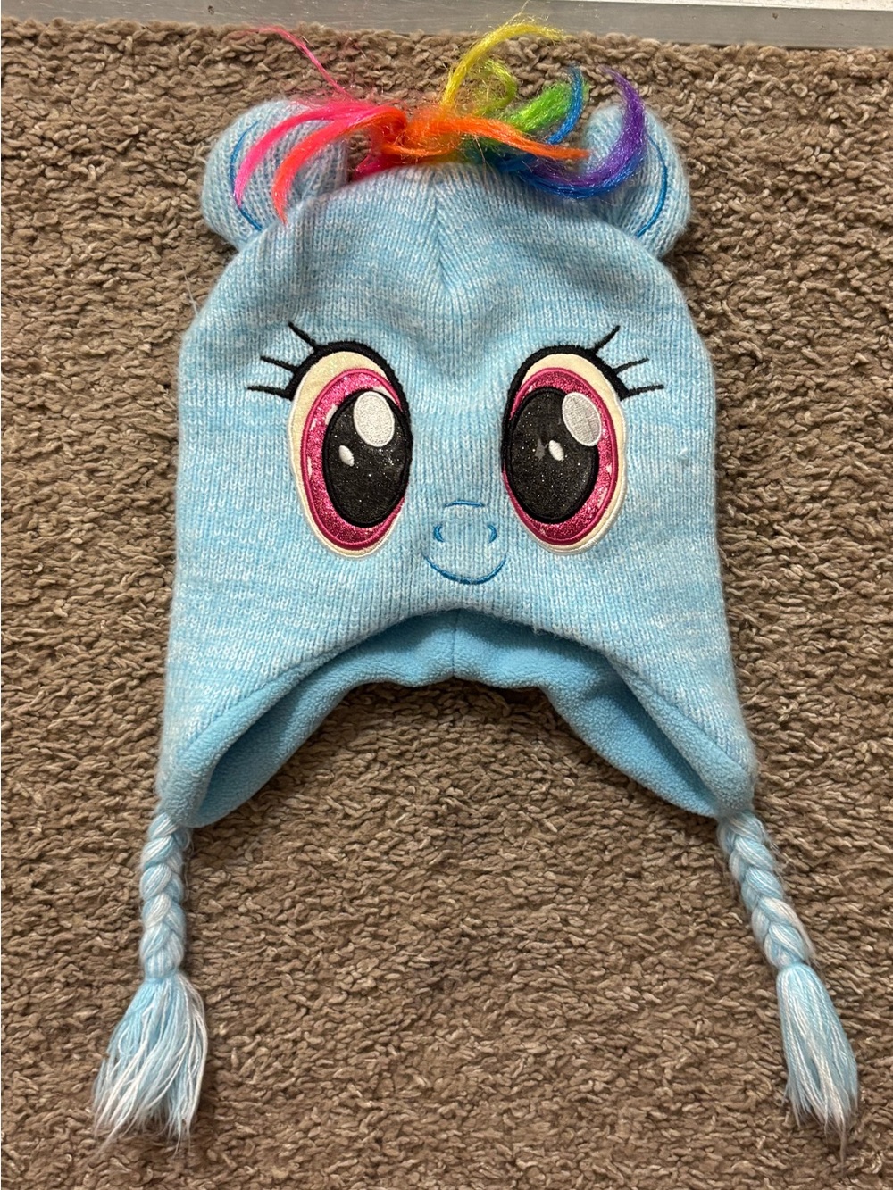 My Little Pony Vintage Light Blue Rainbow Mane Knit Beanie Hat Earflaps Girls